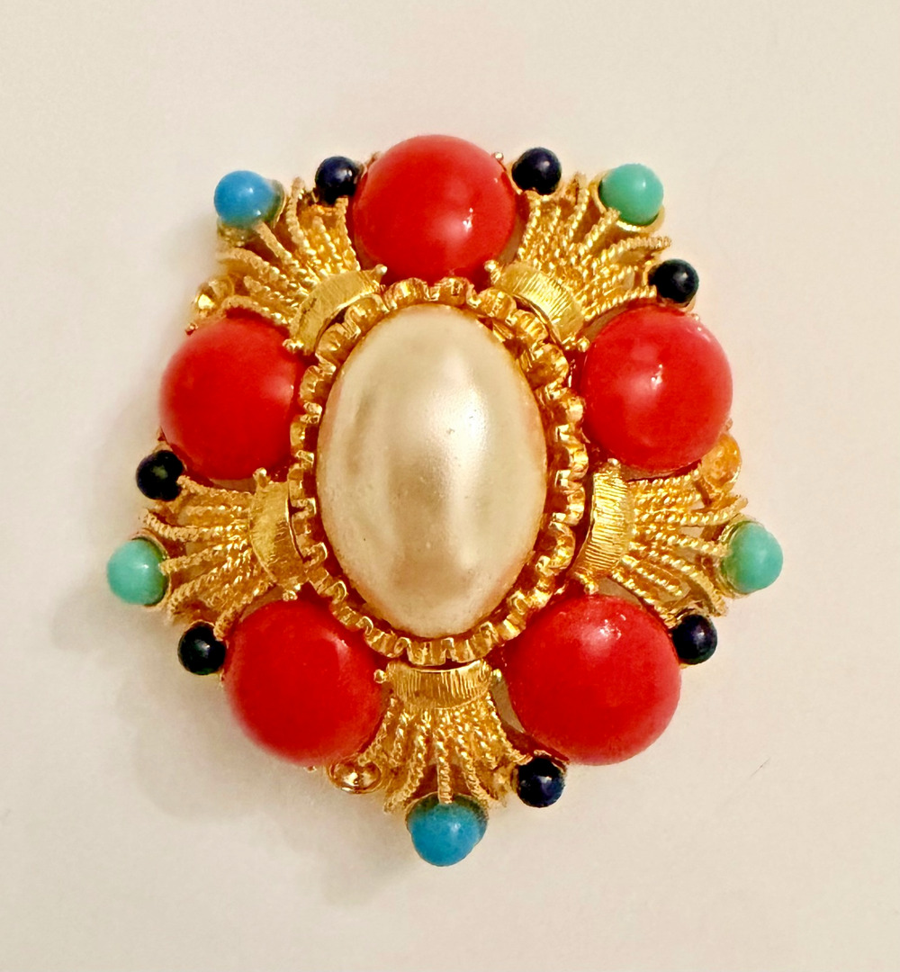 Vtg Signed Joan Rivers Gold Tone Turquoise, Coral, Lapis & Pearl Mughal Brooch